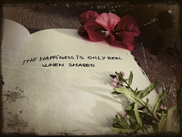 The Happiness, book, happiness, quote, flowers, 3d and abstract, HD wallpaper