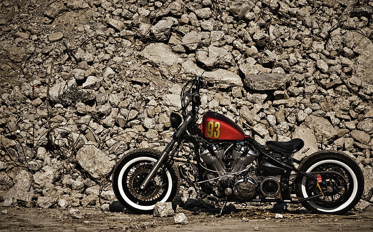 black and red chopper motorcycle, design, stones, motorcycle, bike, XV1600, Bobber, HD wallpaper