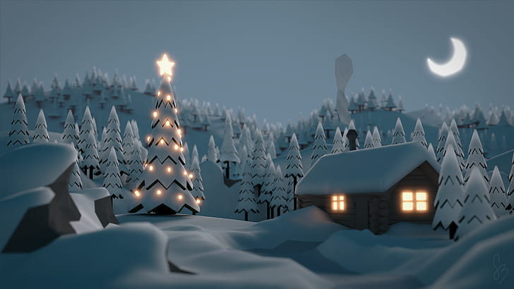 hiver, neige, art numérique, cabane, lune, Noël, arbres, Fond d'écran HD