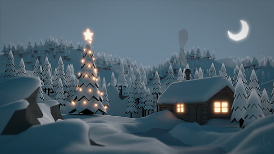 invierno, nieve, arte digital, choza, luna, navidad, árboles, Fondo de pantalla HD HD wallpaper