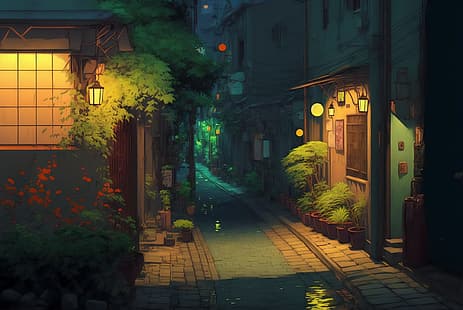 Art IA, peinture, Studio Ghibli, rue, Fond d'écran HD HD wallpaper
