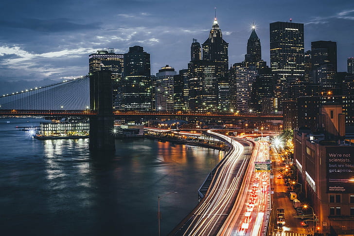 мост, град, Светлини, Ню Йорк, нощ, САЩ, HD тапет