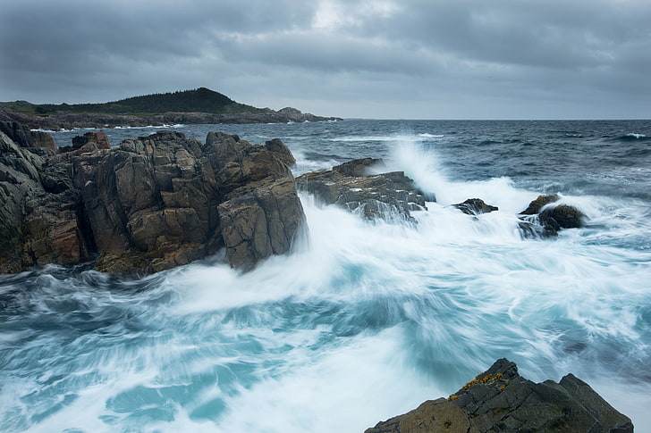 the ocean, rocks, coast, Canada, The Atlantic ocean, Atlantic Ocean, the island of Cape Breton, Cape Breton Island, HD wallpaper