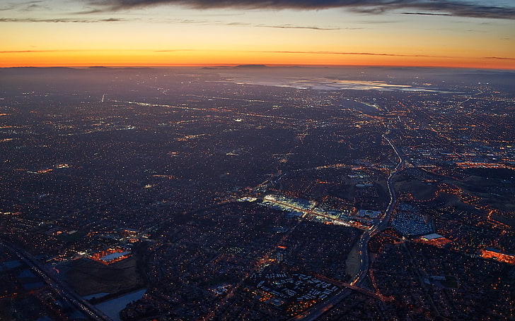 въздушна фотография земя, Силициевата долина, Сан Франциско, въздушен изглед, технология, залез, Сан Хосе, Калифорния, САЩ, HD тапет