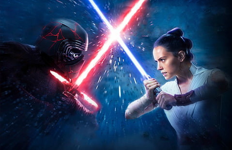 Star Wars, Star Wars: การเพิ่มขึ้นของ Skywalker, Daisy Ridley, Kylo Ren, Lightsaber, Rey (Star Wars), วอลล์เปเปอร์ HD HD wallpaper