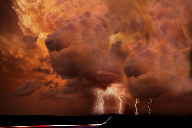 السحب ، العاصفة ، البرتقالي ، الممرات الضوئية ، البرق، خلفية HD