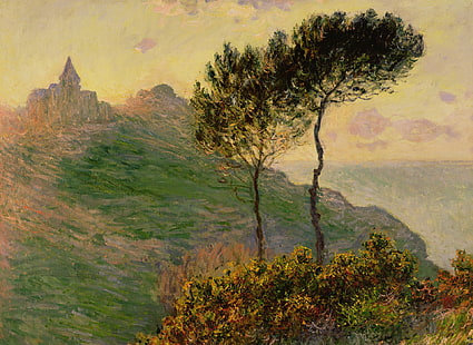 ภูมิทัศน์รูปภาพ Claude Monet โบสถ์ใน Varengeville ที่ Sunset, วอลล์เปเปอร์ HD HD wallpaper