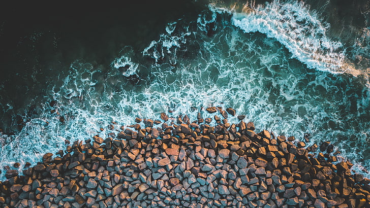 brown stones, top view photo of gravels and ocean wave photo, sea, waves, nature, rocks, coastline, depth of field, HD wallpaper