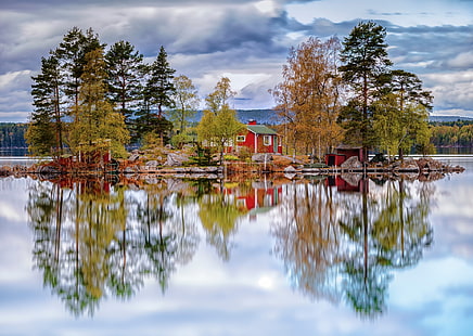 rött och grönt trähus, sjö, hus, reflektion, Sverige, HD tapet HD wallpaper