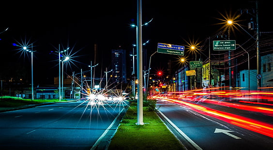 Центр Сан-Паулу, Город, Ночь, Трафик, Бразилия, Сан-Паулу, HD обои HD wallpaper