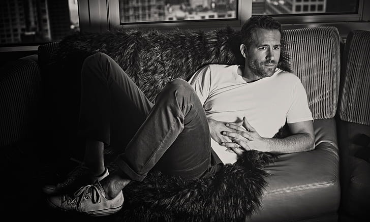 photo, sneakers, jeans, t-shirt, actor, lies, black and white, fur, Ryan Reynolds, on the couch, photoshoot, Deadpool, for the film, Guy Aroch, HD wallpaper