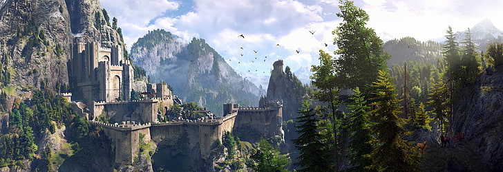 castelo marrom, o céu, árvores, montanhas, papel de parede, o jogo, RPG, The Witcher 3: Wild Hunt, Kaer Morhen, HD papel de parede