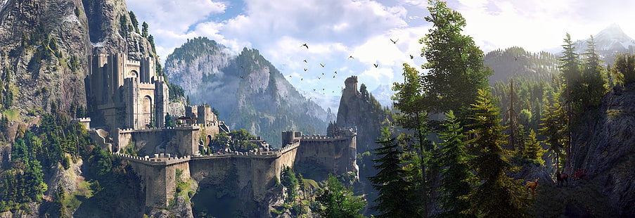 castello marrone, cielo, alberi, montagne, sfondo, gioco, gioco di ruolo, The Witcher 3: Wild Hunt, Kaer Morhen, Sfondo HD HD wallpaper