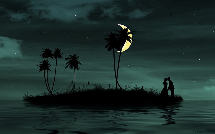 Silhouette von Mann und Frau, Paar, Liebe, Kuss, Insel, dunkel, Vektor, HD-Hintergrundbild