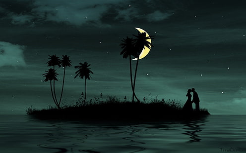 silhouette of man and woman, couple, love, kiss, island, dark, vector, HD wallpaper HD wallpaper