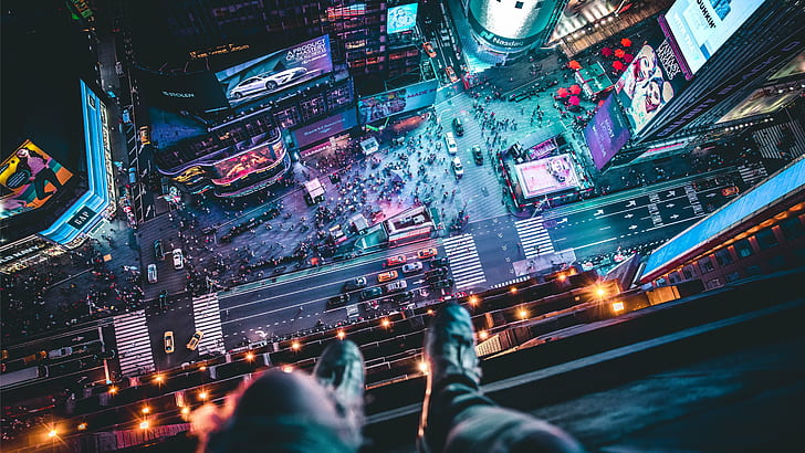 New York City, Times Square, legs hanging, lights, urban, building, aerial view, USA, cityscape, traffic, legs, rooftopping, HD wallpaper
