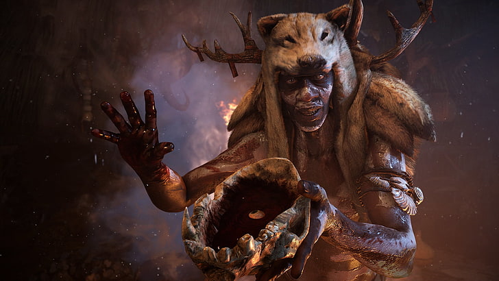 ilustracja potwora, Far Cry Primal, plemię, postać, kapelusz, róg, Tapety HD