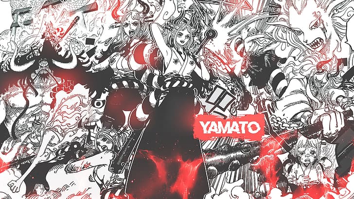 колаж, манга, One Piece, Yamato (One Piece), Kaido, аниме момичета, HD тапет