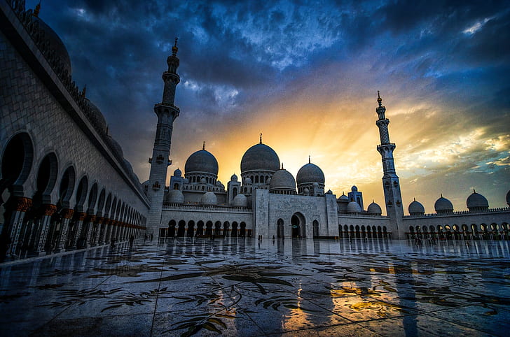 Mesquitas, Grande Mesquita Sheikh Zayed, Abu Dhabi, Arquitetura, Mesquita, Pôr do sol, Emirados Árabes Unidos, HD papel de parede