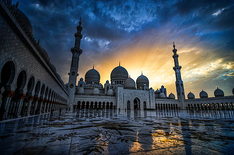 モスク、シェイクザイードグランドモスク、アブダビ、建築、モスク、日没、アラブ首長国連邦、 HDデスクトップの壁紙 HD wallpaper
