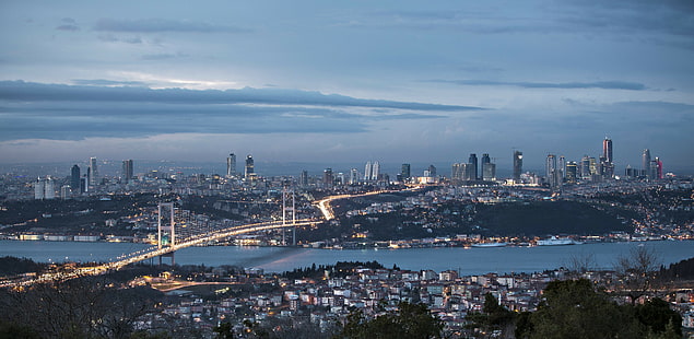 Босфор, мост, город, Стамбул, Мраморное, ночь, море, Турция, HD обои HD wallpaper