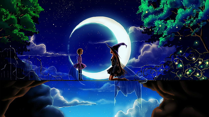 Anime Charakter Hexe und Mädchen digitale Tapete, Anime, Anime Mädchen, Nacht, Himmel, Sterne, Mond, Fantasy-Kunst, HD-Hintergrundbild