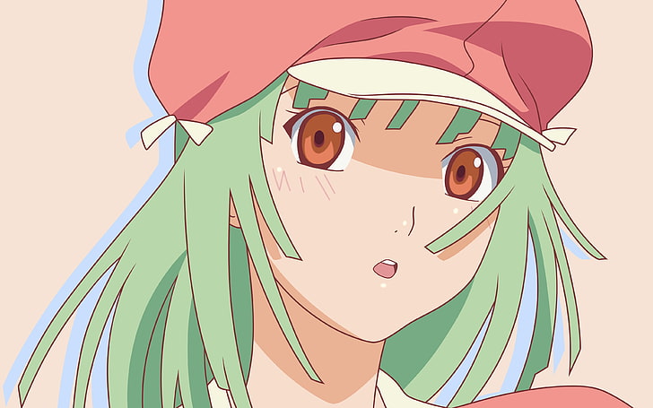 green-haired female anime character, girl, hair, green, hat, surprise, HD wallpaper