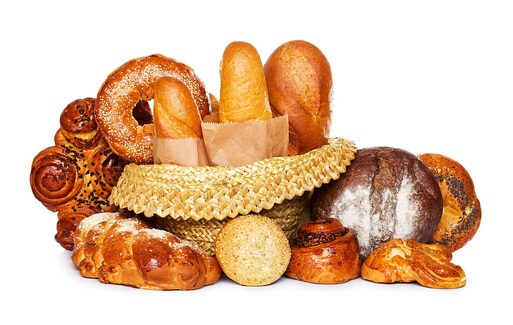 several breads, bread, rolls, hat, white background, white bread, HD wallpaper