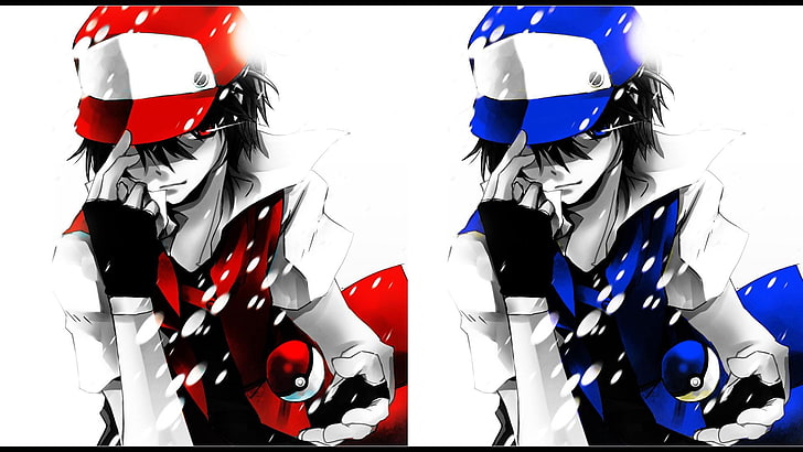 duas ilustrações de Ash Ketchup, Pokémon, anime, coloração seletiva, HD papel de parede