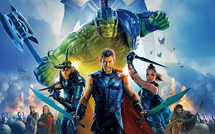 Film, Thor: Ragnarok, Chris Hemsworth, Hulk, Loki, Tessa Thompson, Thor, Tom Hiddleston, Valkyrie (Marvel Comics), Tapety HD