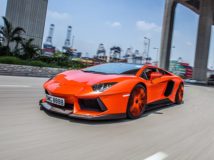 orange Lamborghini Aventador coupe, car, Lamborghini, Lamborghini Aventador, red cars, vehicle, HD wallpaper