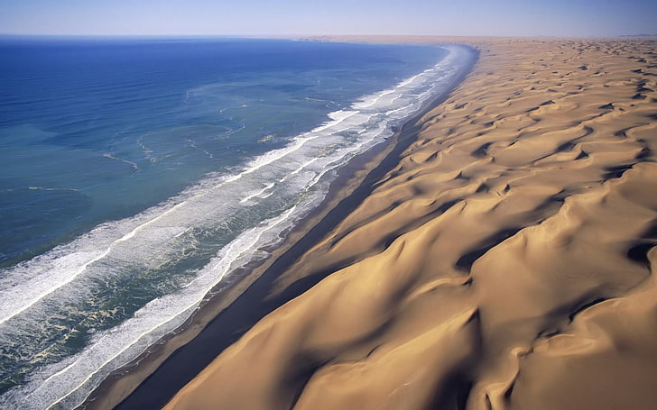 gelombang laut, pemandangan, bukit pasir, pantai, Namibia, Wallpaper HD