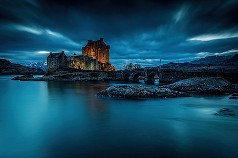 brązowy loch, woda, noc, most, zamek, Szkocja, fiord, zamek Eilean Donan, Loch Duich, zamek Eilean Donan, Tapety HD HD wallpaper