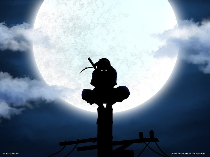 Fondo de pantalla de silueta ninja, Naruto Shippuuden, Uchiha Itachi, ANBU, silueta, Luna, líneas eléctricas, anime, Fondo de pantalla HD