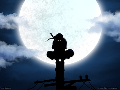 خلفية صورة ظلية النينجا ، ناروتو شيبودن ، أوتشيها إيتاشي ، الأنبو ، صورة ظلية ، القمر ، خطوط الكهرباء ، أنيمي، خلفية HD HD wallpaper