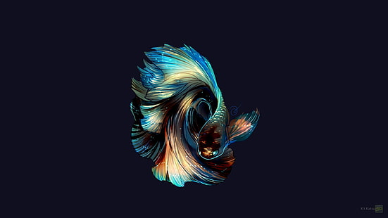 peixe-lutador-siamês azul, marrom e bege, peixe, manipulação de fotos, trabalho artístico, ciano, azul, fundo azul, ouro, HD papel de parede HD wallpaper