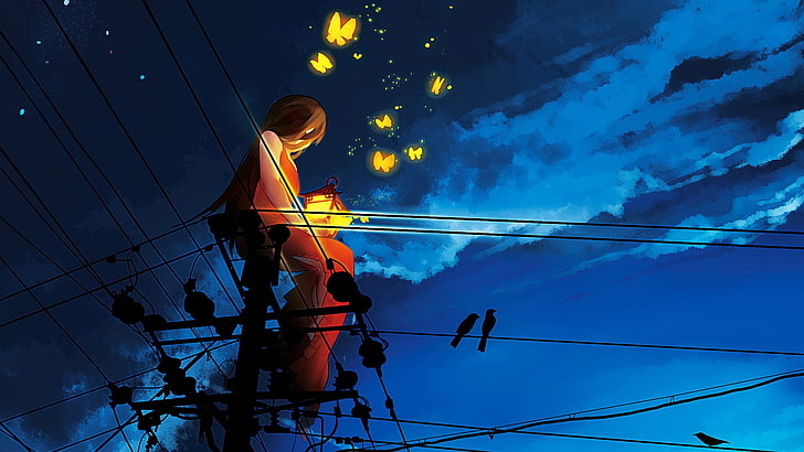 personaje de anime femenino en papel tapiz digital vestido, mariposa, poste de electricidad, puesta de sol, personajes originales, sentado, líneas eléctricas, silueta, pájaros, Fondo de pantalla HD