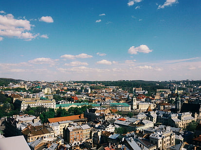 biru, awan, lviv, atap, langit, kota, Wallpaper HD HD wallpaper
