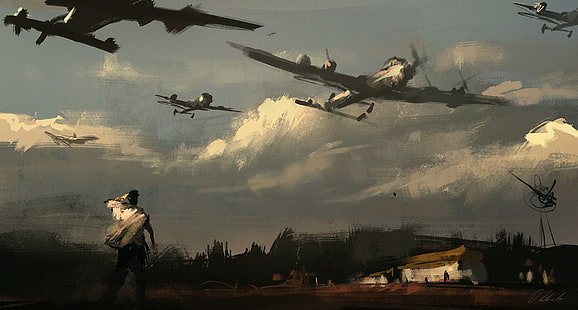 lukisan perang, pesawat terbang, Perang Dunia II, Darek Zabrocki, pesawat militer, Avro Lancaster, Wallpaper HD HD wallpaper