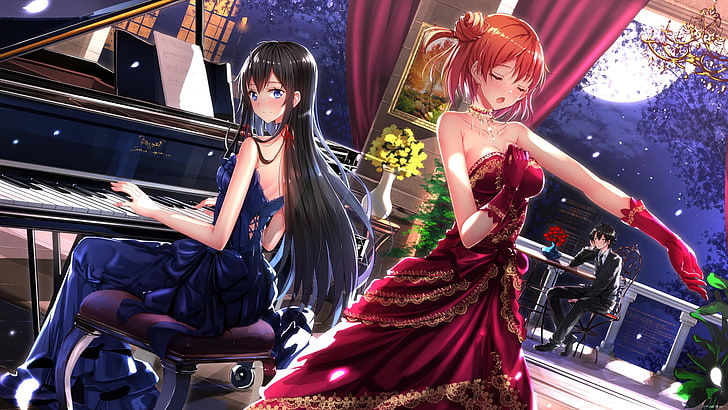 2人の女性アニメキャラクターの壁紙、青と赤のドレスを着た2人の女性のイラスト、やはれの青春ラブコメディは街が変わる、胸の谷間、月、夜、ピアノ、赤毛、青い髪、 HDデスクトップの壁紙