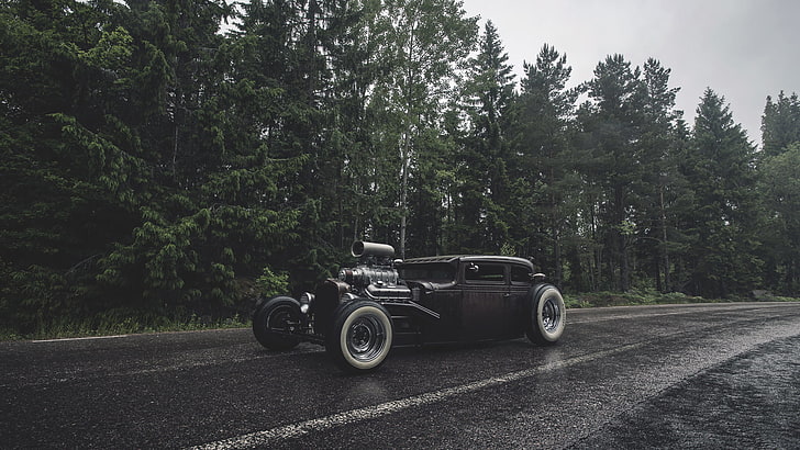 vintage black car, forest, rain, Ford, rat, rod, HD wallpaper