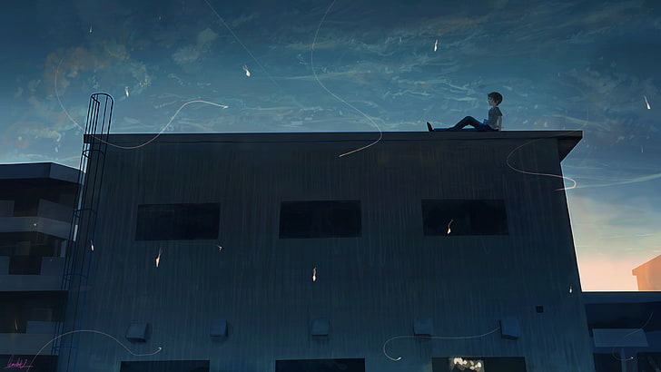 anime boy, rooftop, building, stars, scenic, Anime, HD wallpaper