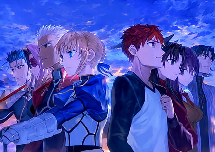 Fate Series, Fate / Stay Night, Archer (Fate / Stay Night), Kirei Kotomine, Lancer (Fate / Stay Night), Rider (Fate / stay night), Rin Tohsaka, Sakura Matou, Shirou Emiya, HD tapet HD wallpaper