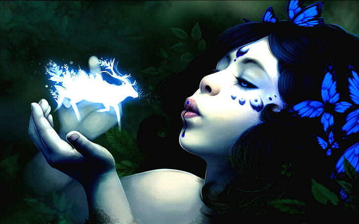 Blue Witch, spirit, lovely, witch, deer, girls, beautiful, soul, women, blue witch, splendor, pretty, blue, HD wallpaper