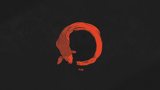 orange koi fisk konstverk, mörk, minimalism, fisk, röd, ensō, HD tapet HD wallpaper