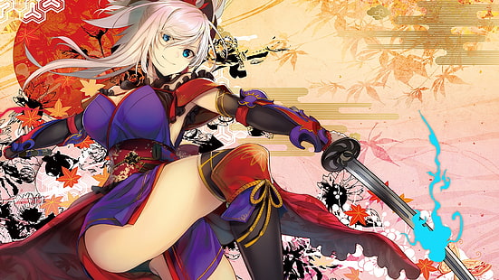 sword, blonde, stockings, Fate/Grand Order, white hair, Miyamoto Musashi (fate/grand order), HD wallpaper HD wallpaper