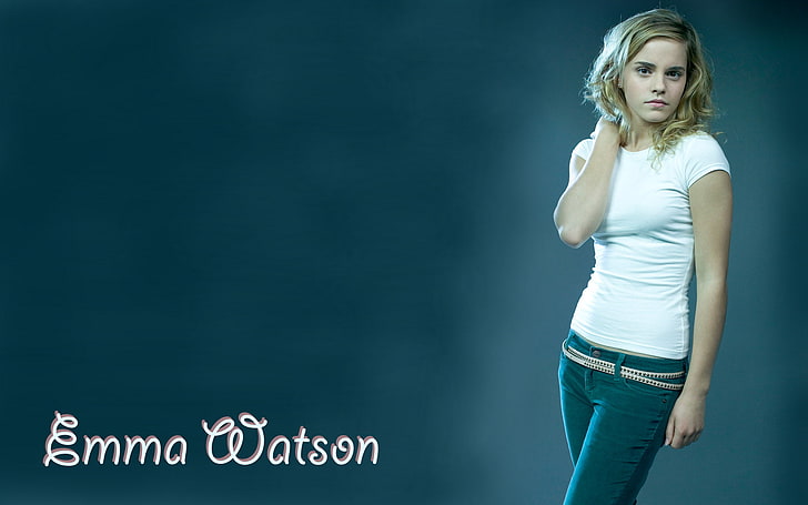 Эмма Уотсон в широких джинсах, синий, Эмма Уотсон, в широких джинсах, HD обои