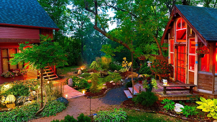 casa de madeira vermelha e azul marinho, paisagem, arquitetura asiática, jardim, casa, caminho, HD papel de parede