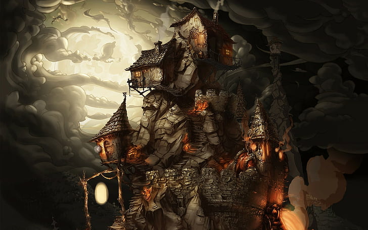 дома на скале в окружении темных облаков цифровые обои, замок, фэнтези арт, HD обои