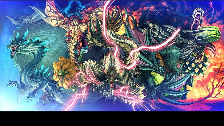 illustration de dragons assortis, Chasseur de monstres, Rathalos, Lagiacrus, Deviljho, nargacuga, Brachydios, Fond d'écran HD